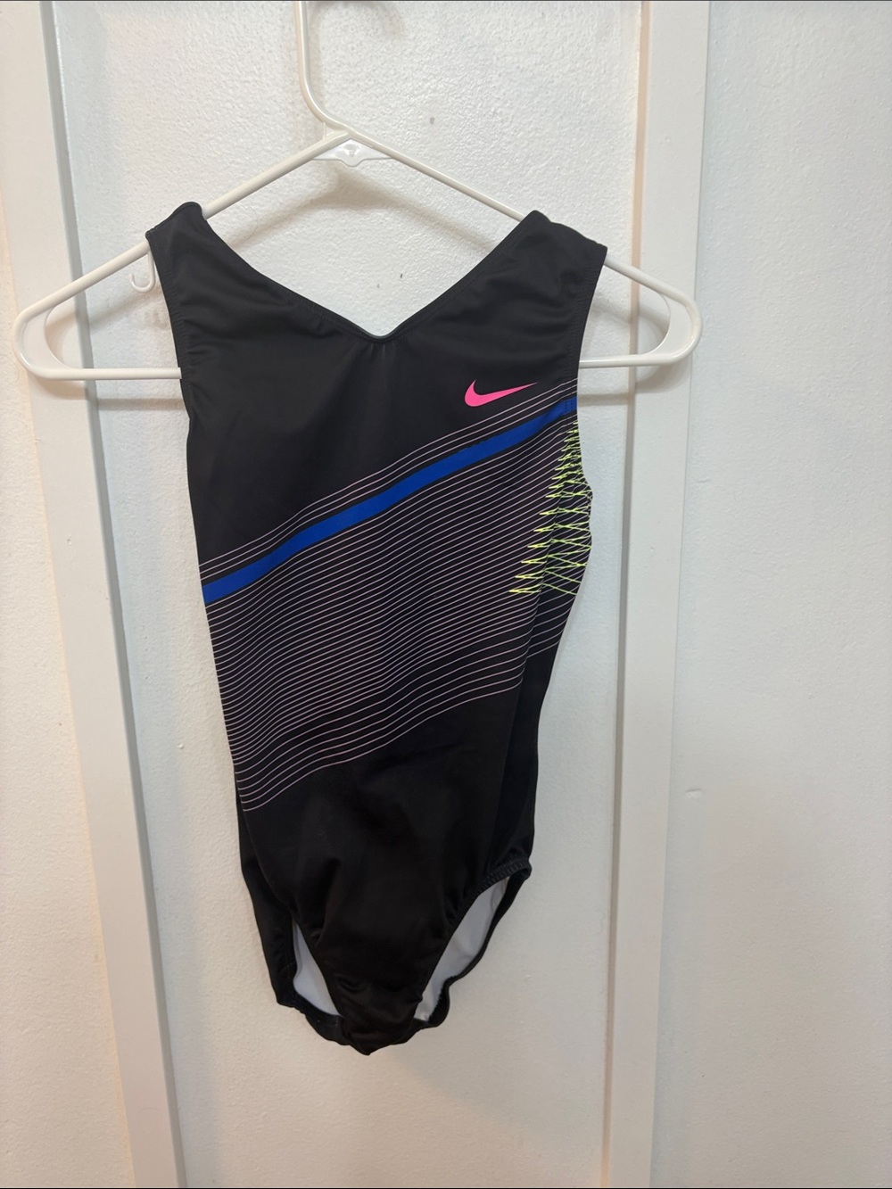 Nike Black gymnastics leotard with Pink Logo and Blue & Neon Green Accents